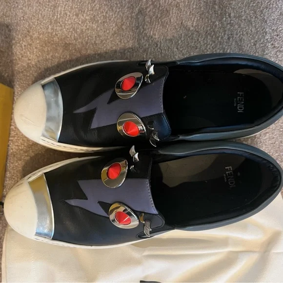 Fendi Faces Studded Leather Skate Sneakers Shoes EUC size 9/40 IN BOX Black